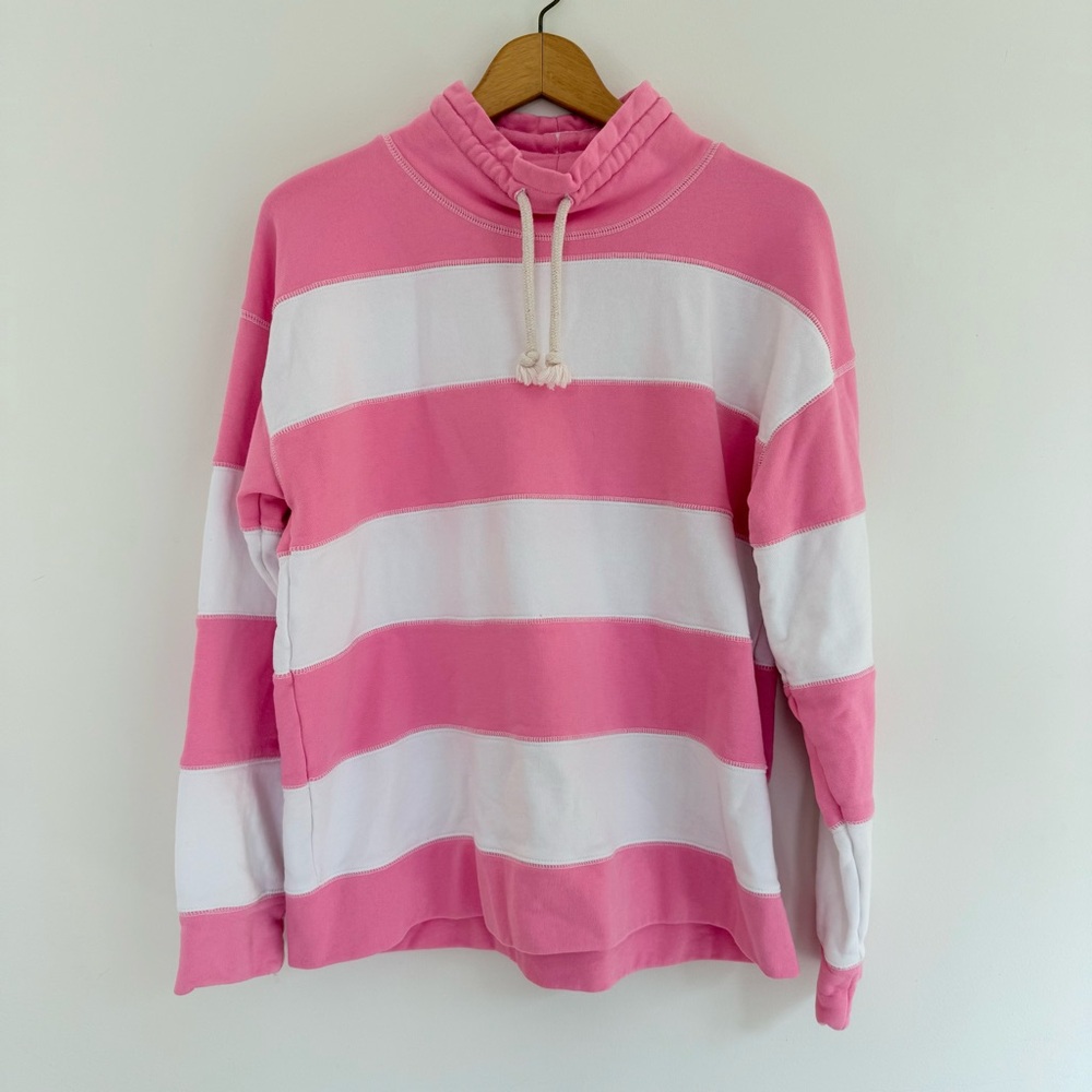 J. Crew Weekend | Women's Pink and White Striped Rugby Shirt (Size Medium)
